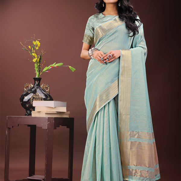 Astita Elegant Olive Green Organza Saree with Golden Zari Border - Festive & Office Wear Saree with Blouse Piece - Distacart