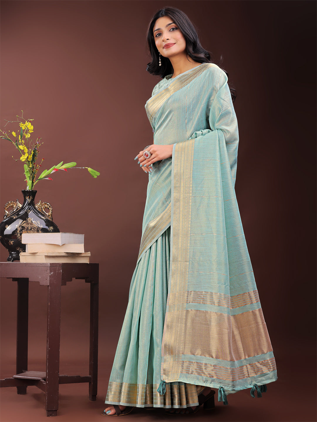 Astita Elegant Olive Green Organza Saree with Golden Zari Border - Festive & Office Wear Saree with Blouse Piece - Distacart