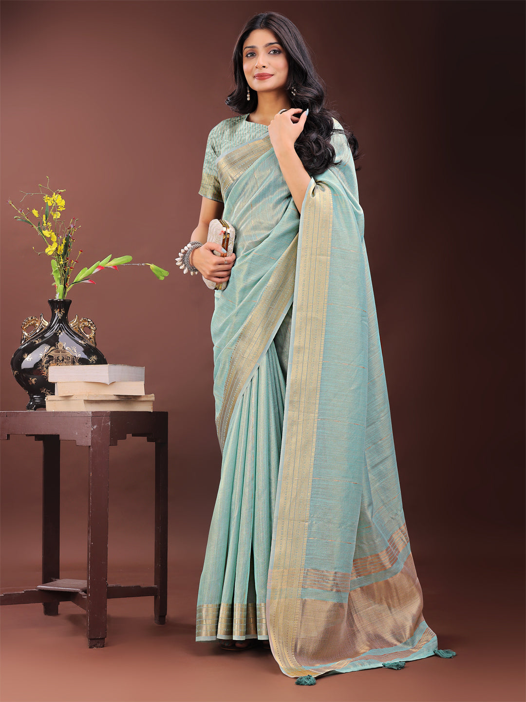 Astita Elegant Olive Green Organza Saree with Golden Zari Border - Festive & Office Wear Saree with Blouse Piece - Distacart