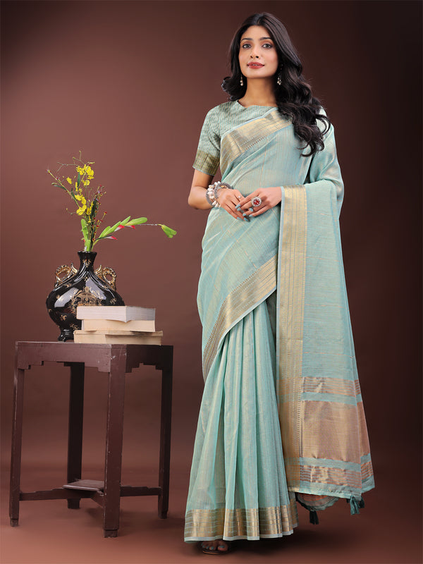 Astita Elegant Olive Green Organza Saree with Golden Zari Border - Festive & Office Wear Saree with Blouse Piece - Distacart