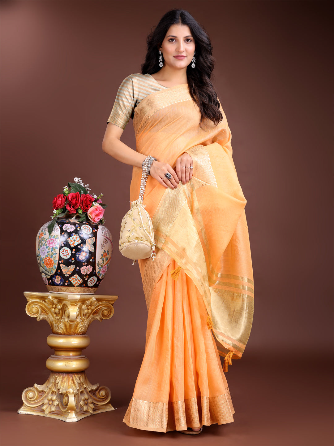 Shree Shyam Fashion Orange Gold Cotton Ready-to-Wear Saree - Simplicity Meets Effortless Grace - Distacart