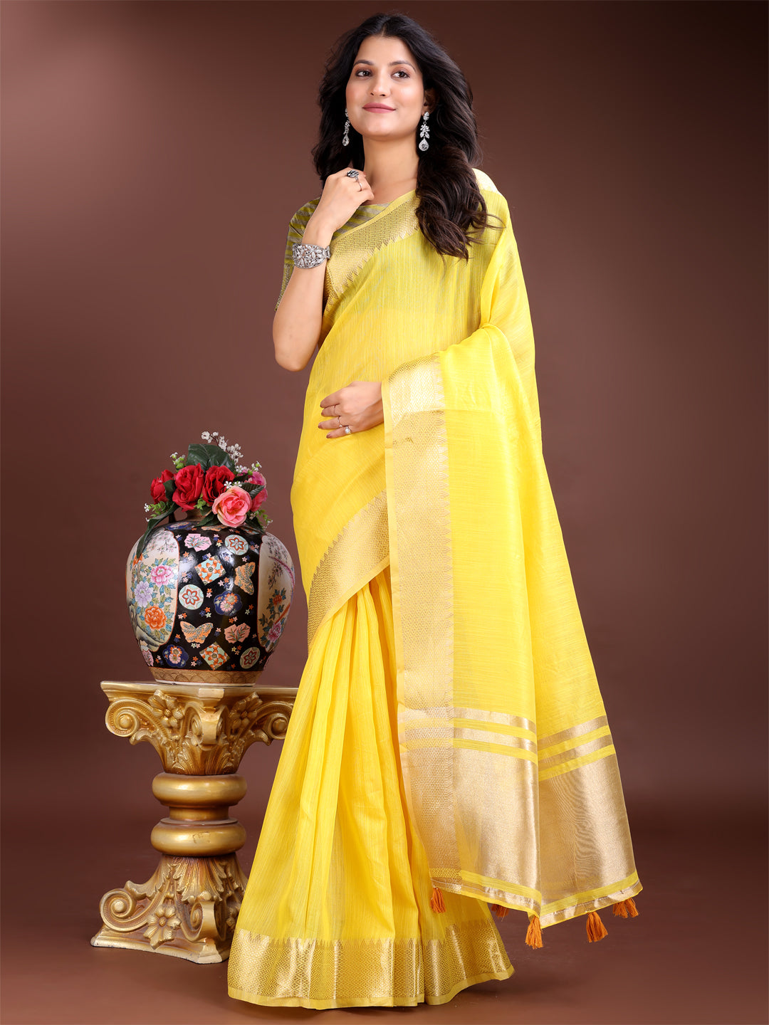 Shree Shyam Fashion Yellow Gold Cotton Ready-to-Wear Saree - Simplicity Meets Effortless Grace - Distacart