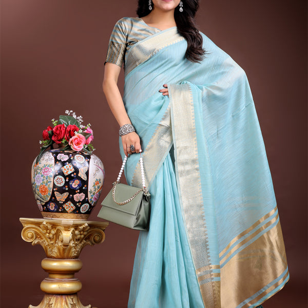 Astita Sky Blue Gold Cotton Ready-to-Wear Saree - Simplicity Meets Effortless Grace - Distacart