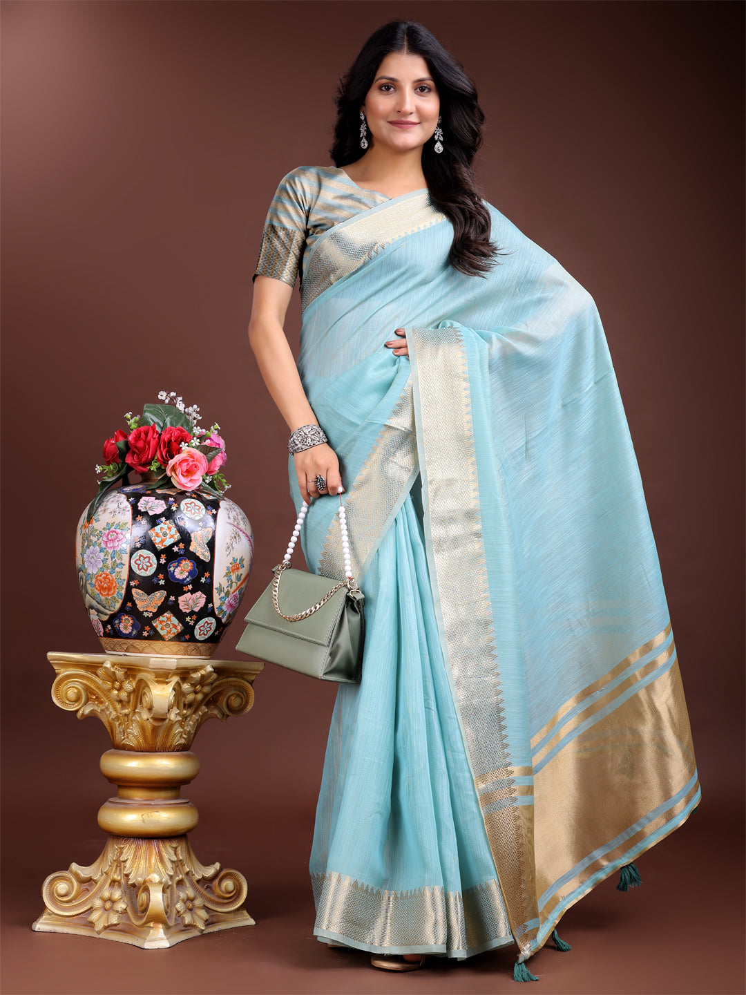Shree Shyam Fashion Sky Blue Gold Cotton Ready-to-Wear Saree - Simplicity Meets Effortless Grace - Distacart