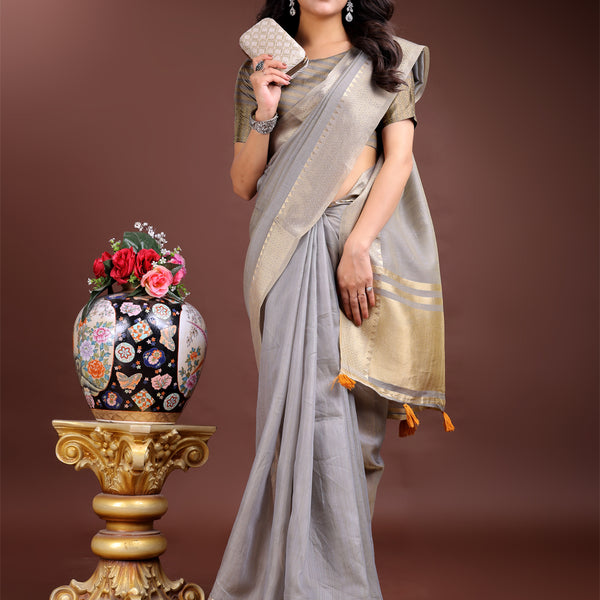 Astita Grey Gold Cotton Ready-to-Wear Saree - Simplicity Meets Effortless Grace - Distacart
