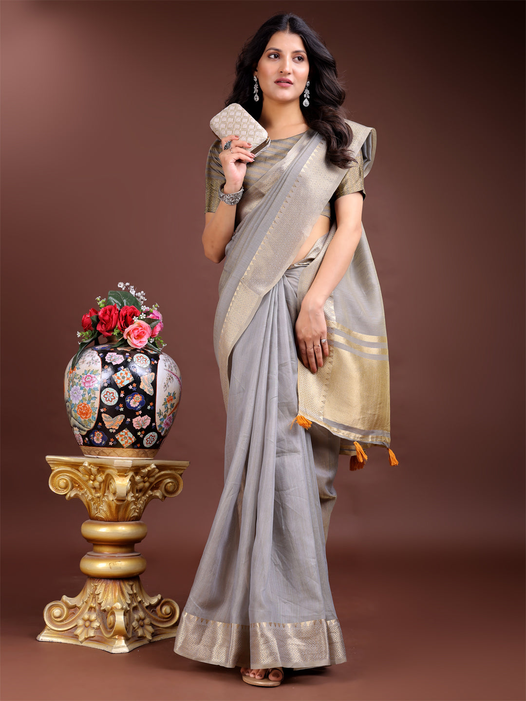 Shree Shyam Fashion Grey Gold Cotton Ready-to-Wear Saree - Simplicity Meets Effortless Grace - Distacart