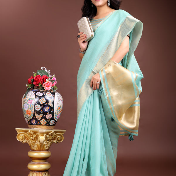 Astita Sea Green Gold Cotton Ready-to-Wear Saree - Simplicity Meets Effortless Grace - Distacart