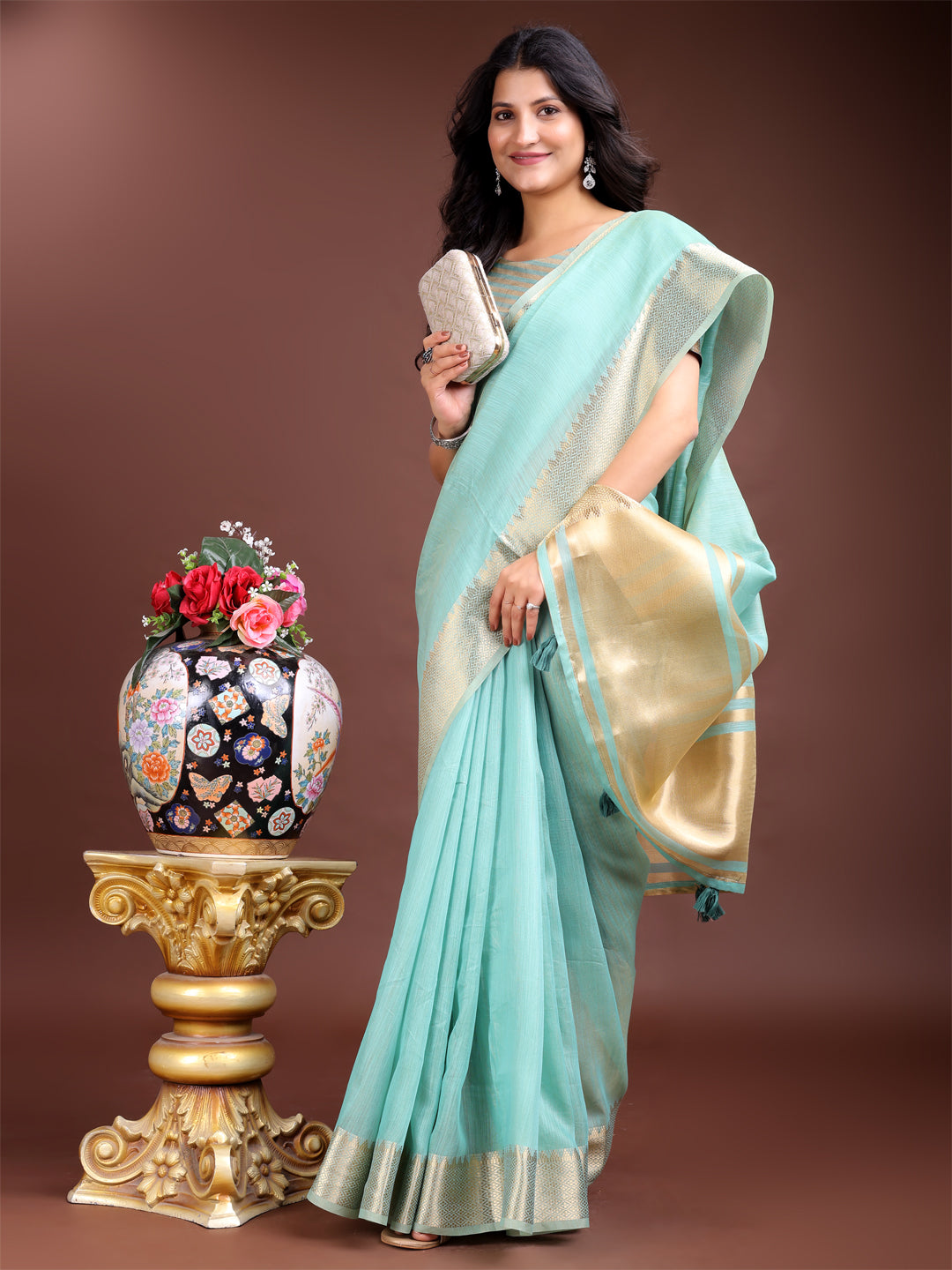 Shree Shyam Fashion Sea Green Gold Cotton Ready-to-Wear Saree - Simplicity Meets Effortless Grace - Distacart