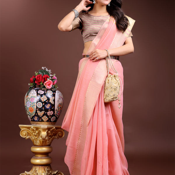 Astita Pink Gold Cotton Ready-to-Wear Saree - Simplicity Meets Effortless Grace - Distacart
