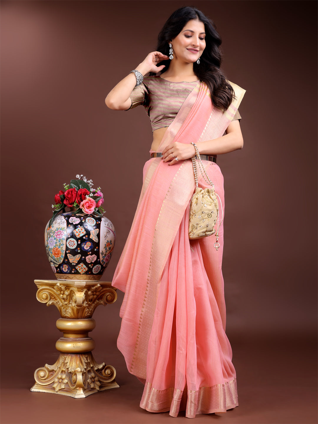 Shree Shyam Fashion Pink Gold Cotton Ready-to-Wear Saree - Simplicity Meets Effortless Grace - Distacart