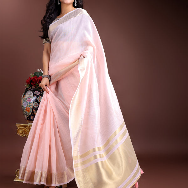 Astita Light Pink Gold Cotton Ready-to-Wear Saree - Simplicity Meets Effortless Grace - Distacart