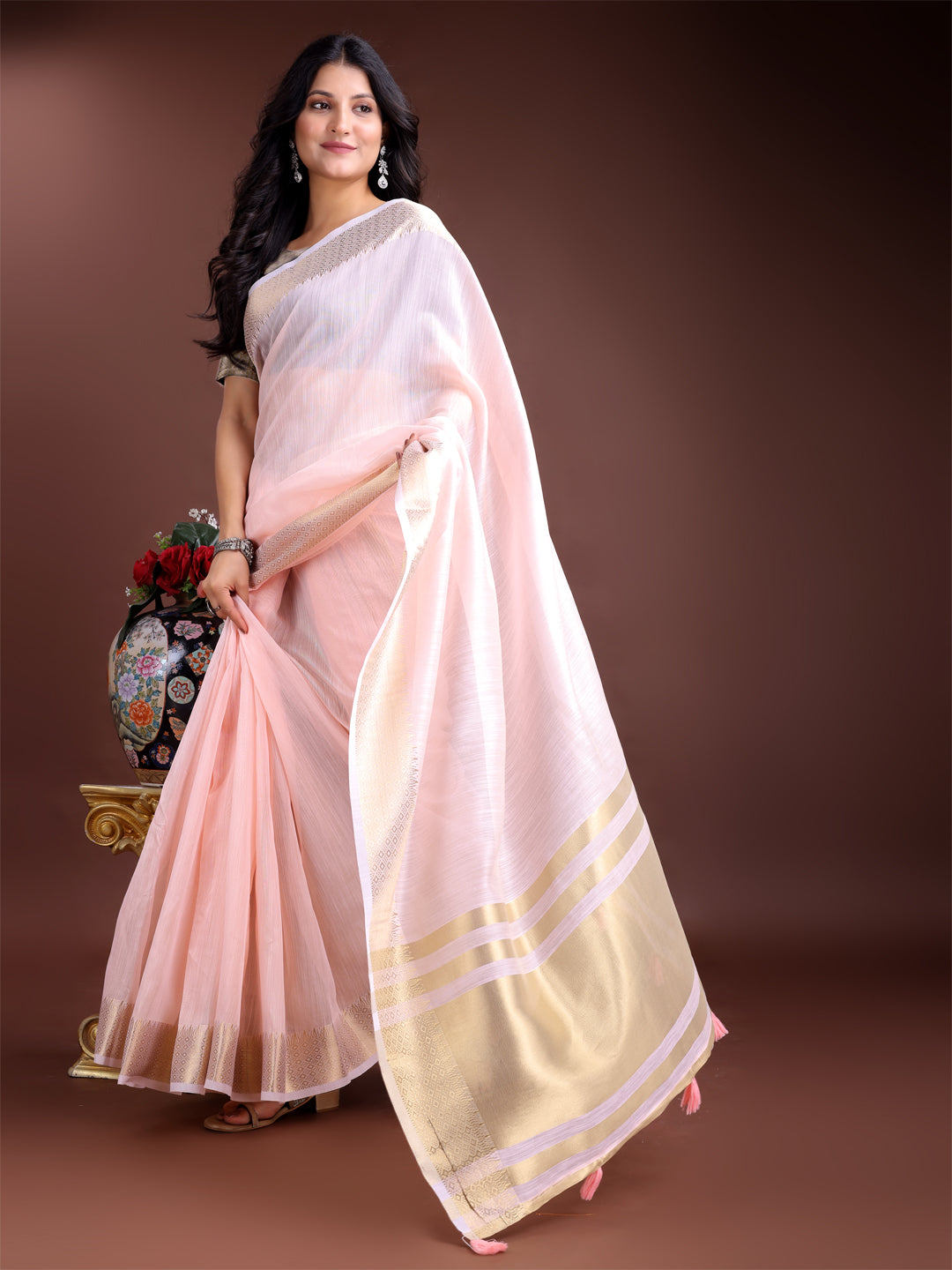 Shree Shyam Fashion Light Pink Gold Cotton Ready-to-Wear Saree - Simplicity Meets Effortless Grace - Distacart