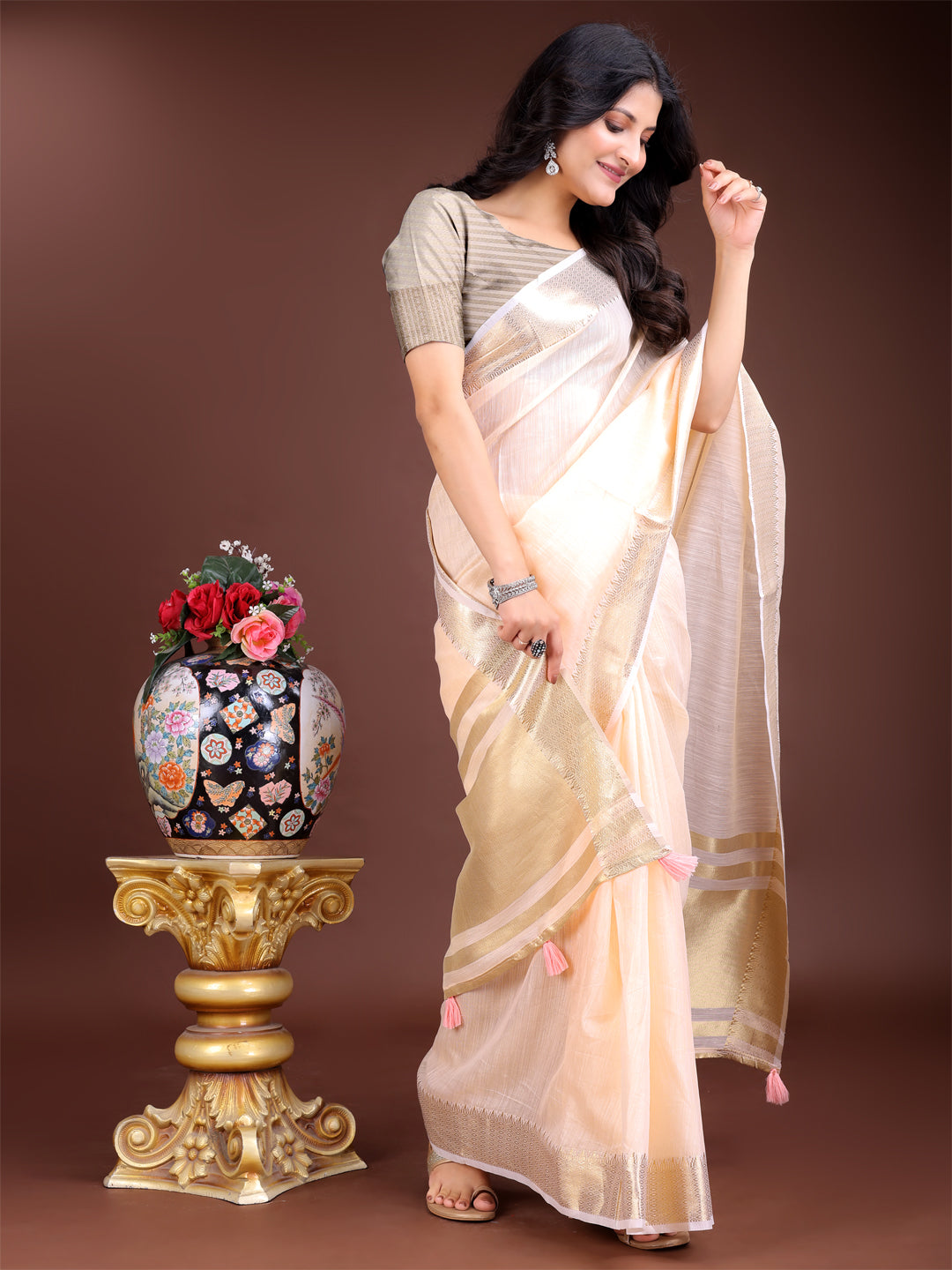 Shree Shyam Fashion Peach Gold Cotton Ready-to-Wear Saree - Simplicity Meets Effortless Grace - Distacart