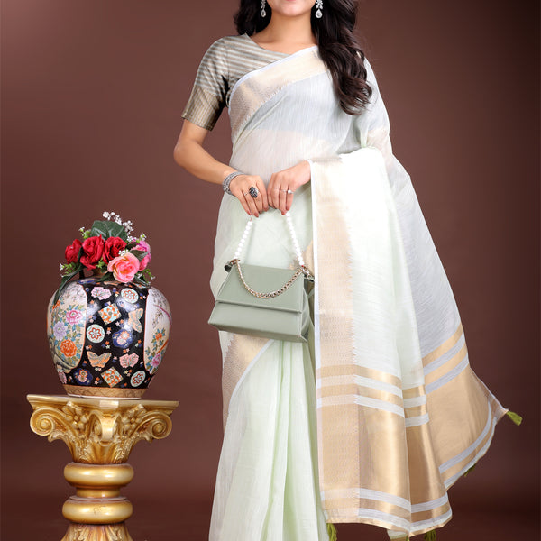 Astita Light Green Gold Cotton Ready-to-Wear Saree - Simplicity Meets Effortless Grace - Distacart