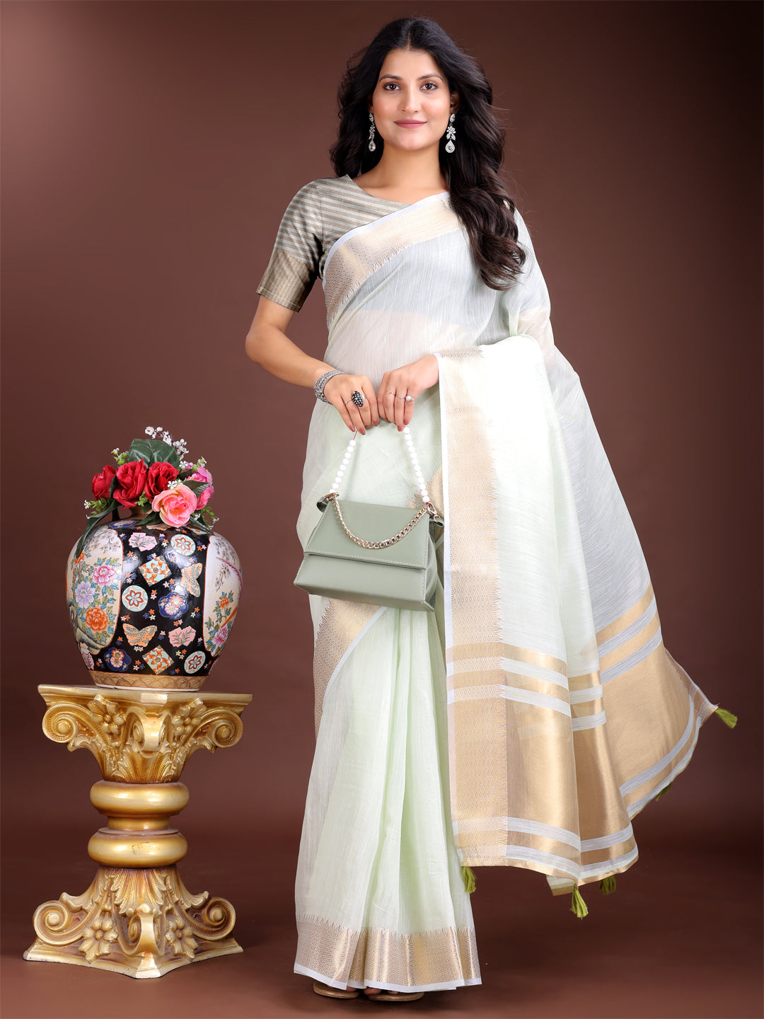 Shree Shyam Fashion Light Green Gold Cotton Ready-to-Wear Saree - Simplicity Meets Effortless Grace - Distacart