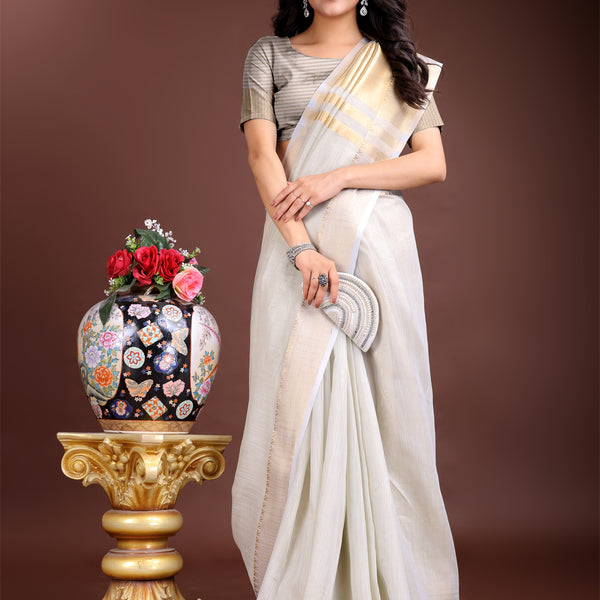 Astita Grey Gold Cotton Ready-to-Wear Saree - Simplicity Meets Effortless Grace - Distacart
