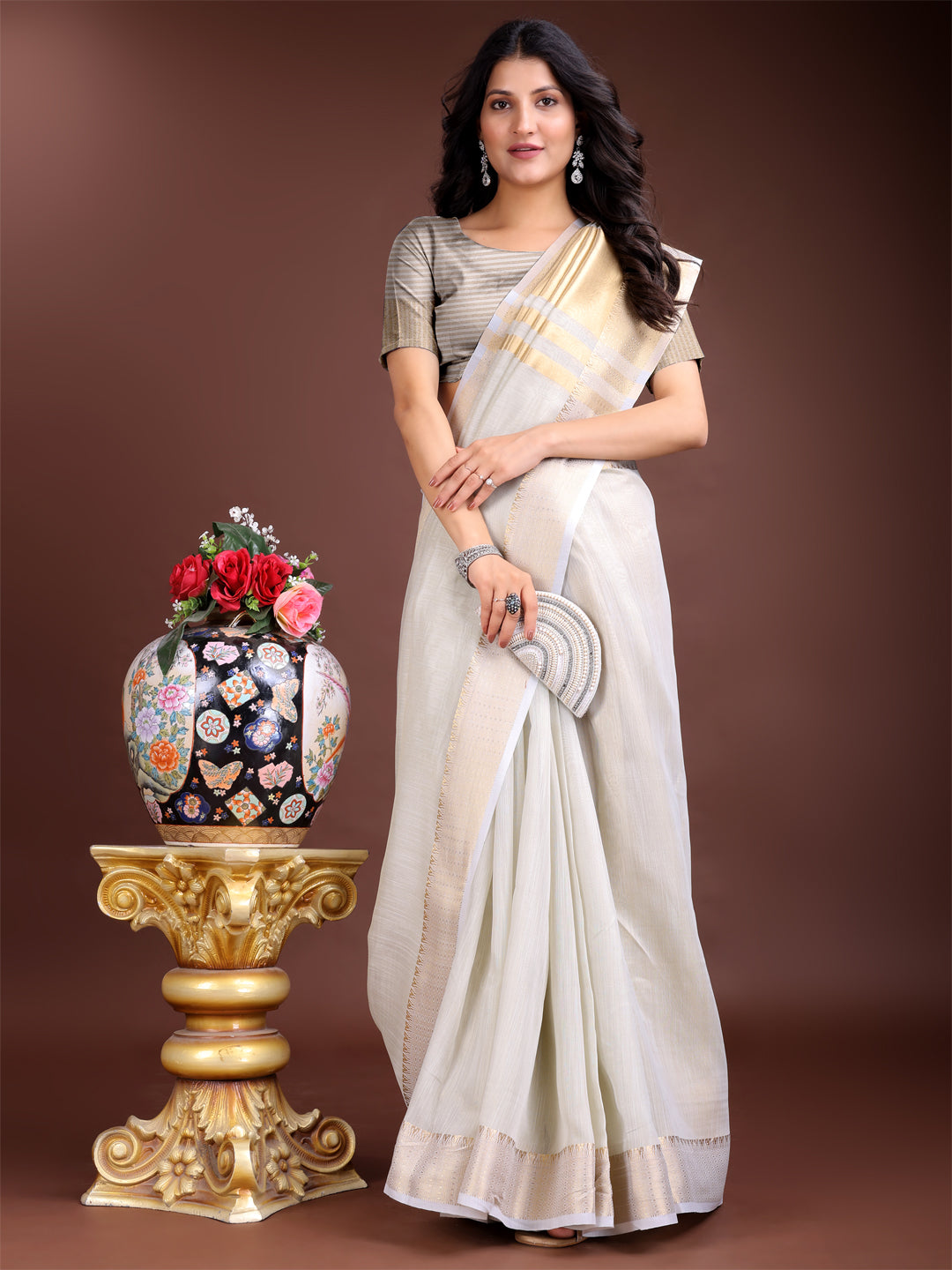 Shree Shyam Fashion Grey Gold Cotton Ready-to-Wear Saree - Simplicity Meets Effortless Grace - Distacart