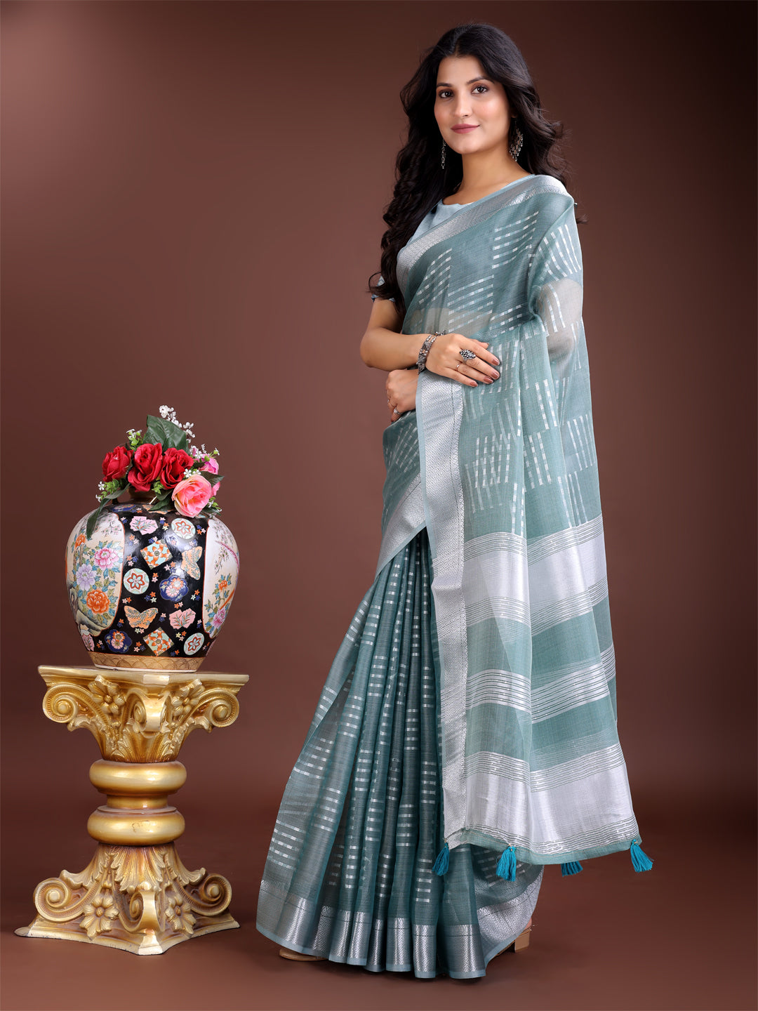 Astita Sea Green Organza Woven Zari Work Traditional Tassel Saree - Distacart