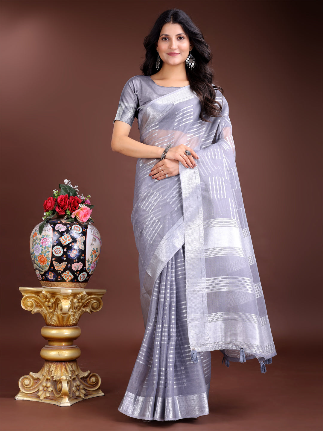 Astita Grey Organza Woven Zari Work Traditional Tassel Saree - Distacart