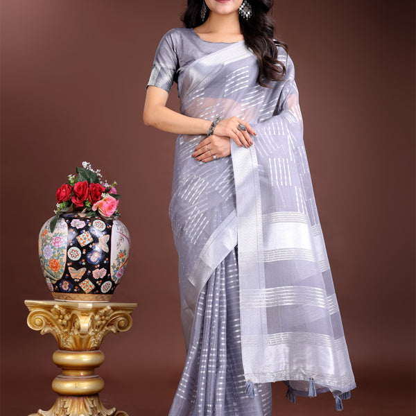 Astita Grey Organza Woven Zari Work Traditional Tassel Saree - Distacart