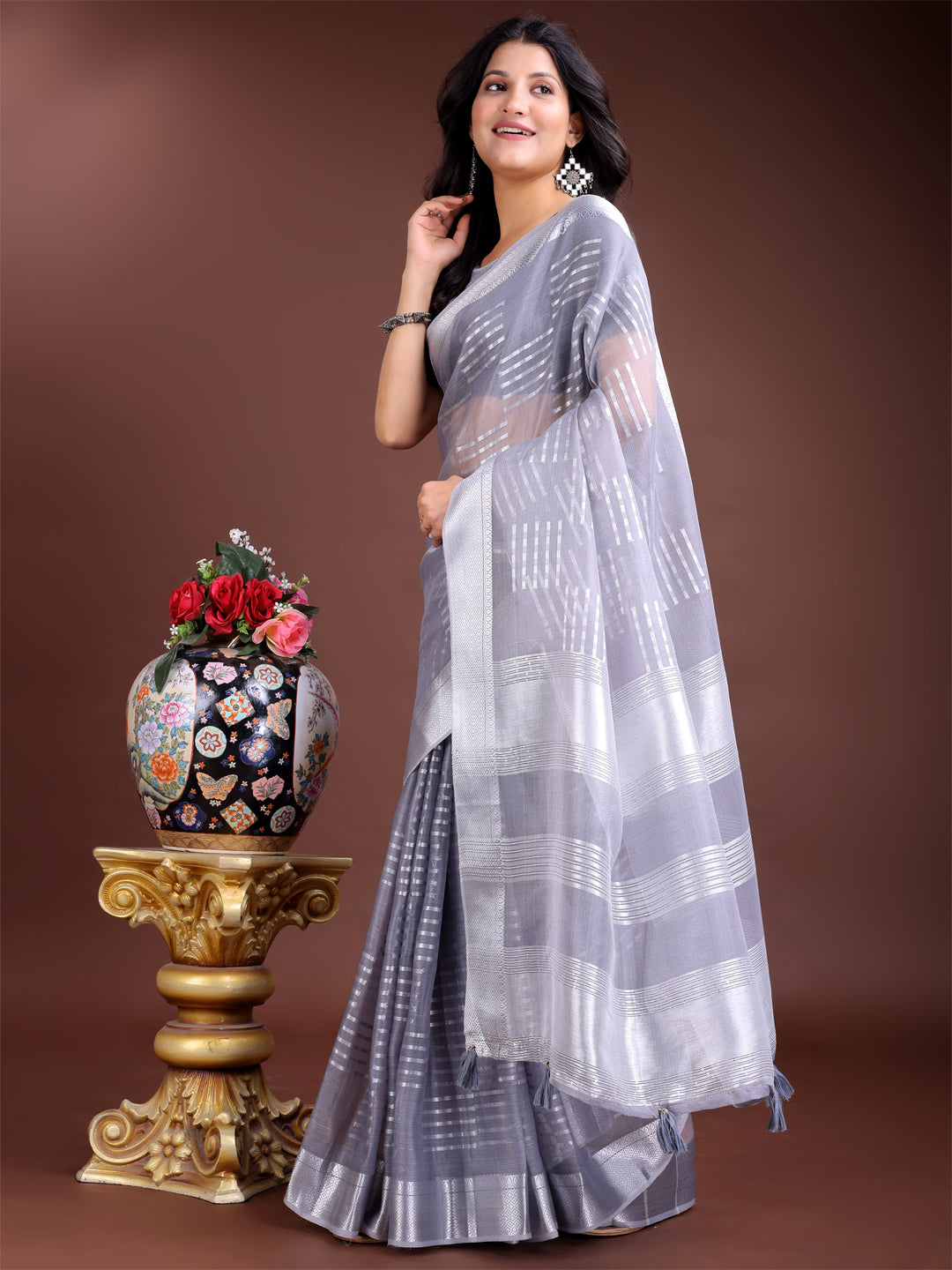 Astita Grey Organza Woven Zari Work Traditional Tassel Saree - Distacart