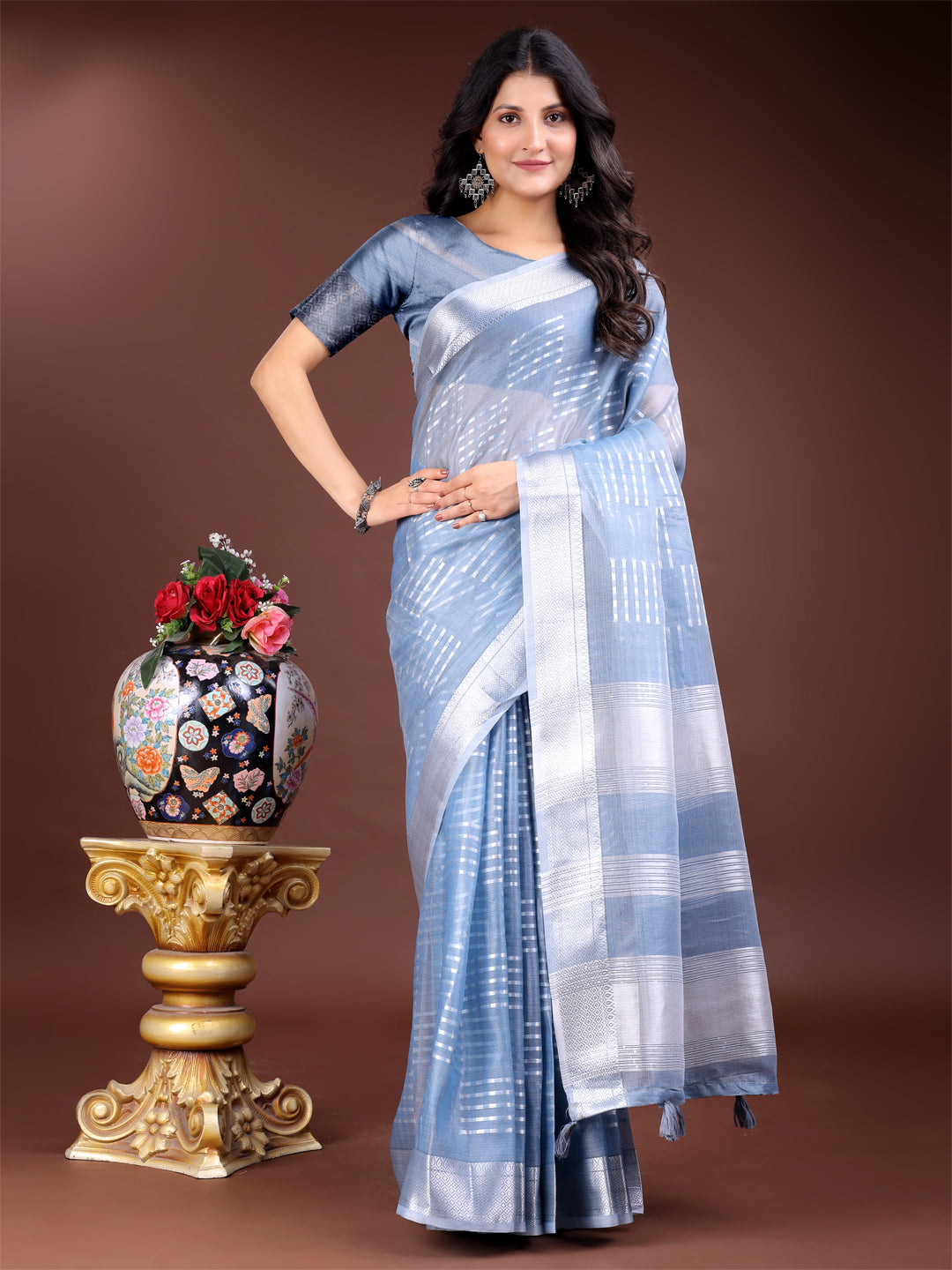 Astita Sky Blue Organza Woven Zari Work Traditional Tassel Saree - Distacart