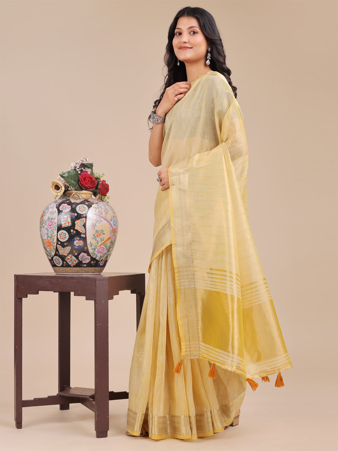 Astita Yellow Organza Woven Zari Work Traditional Tassel Saree - Distacart