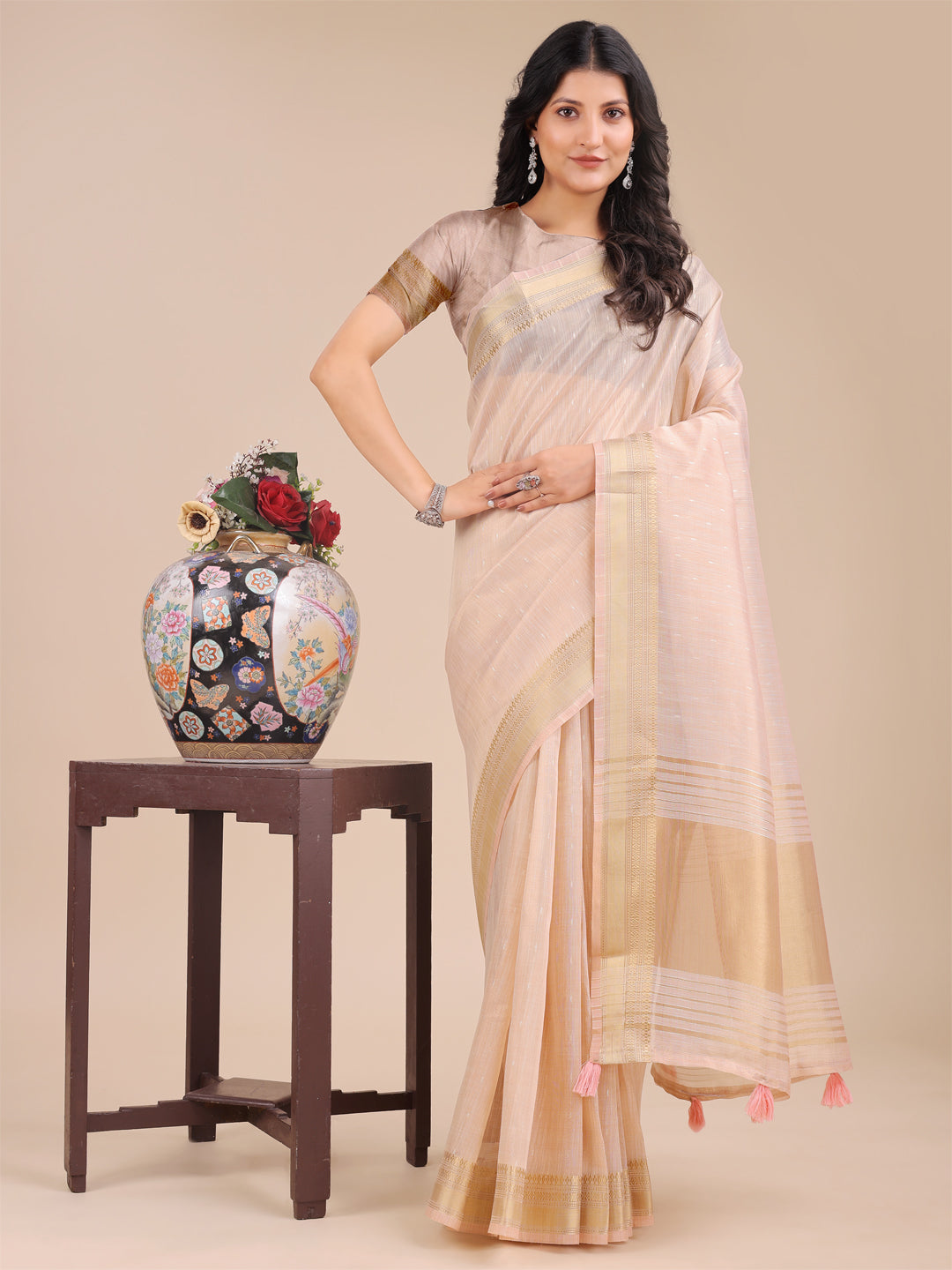 Astita Peach Organza Woven Zari Work Traditional Tassel Saree - Distacart