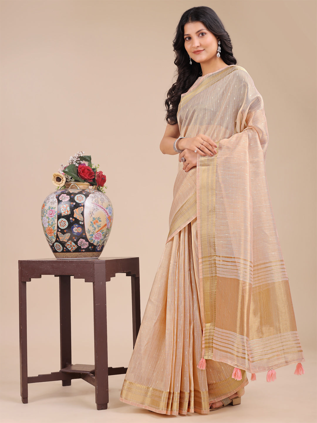 Astita Peach Organza Woven Zari Work Traditional Tassel Saree - Distacart