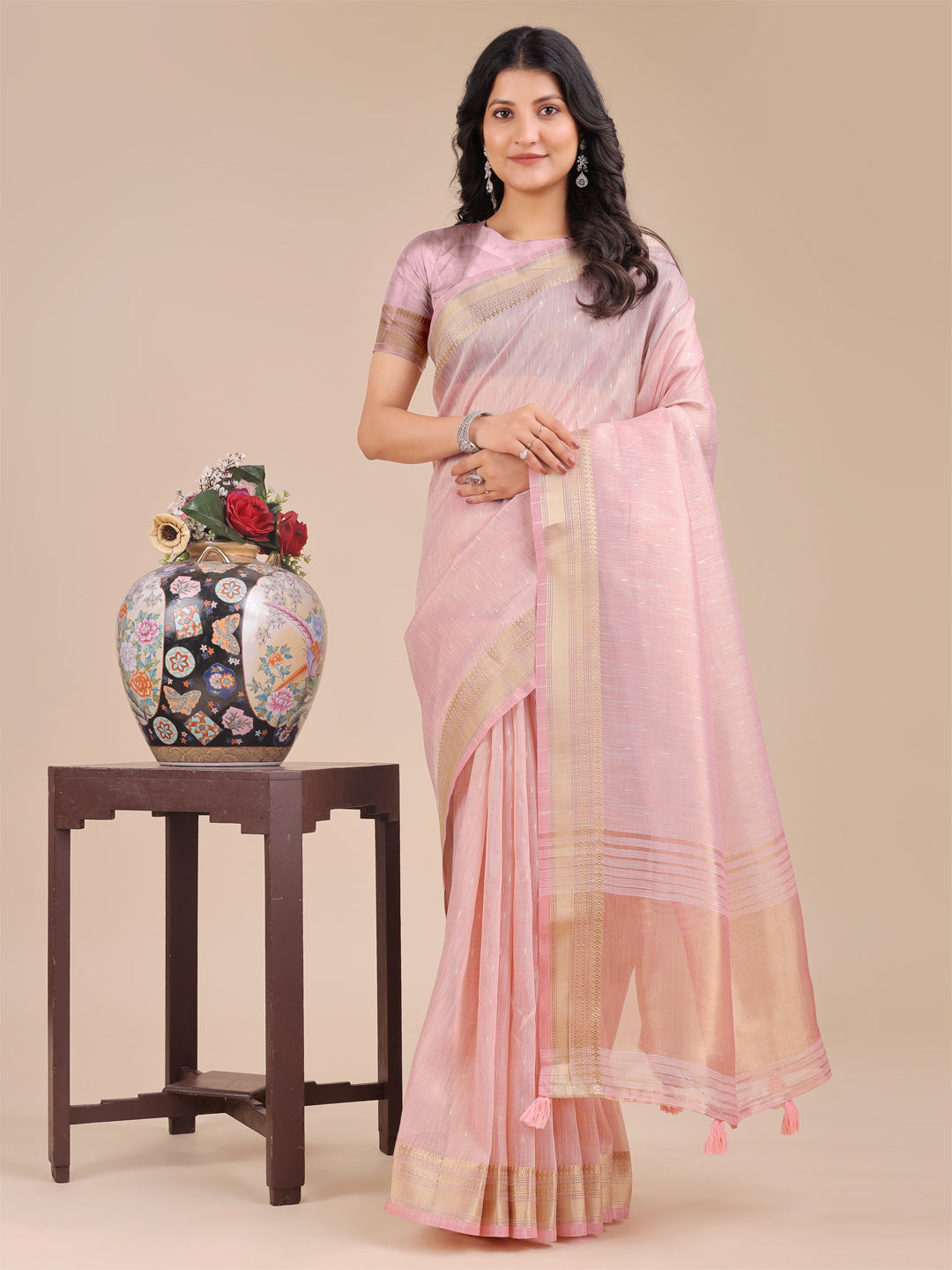 Astita Light Pink Organza Woven Zari Work Traditional Tassel Saree - Distacart