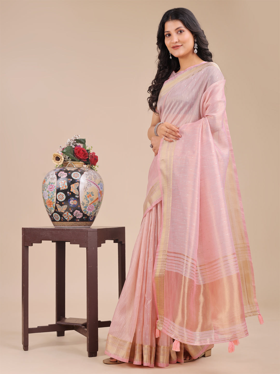 Astita Light Pink Organza Woven Zari Work Traditional Tassel Saree - Distacart