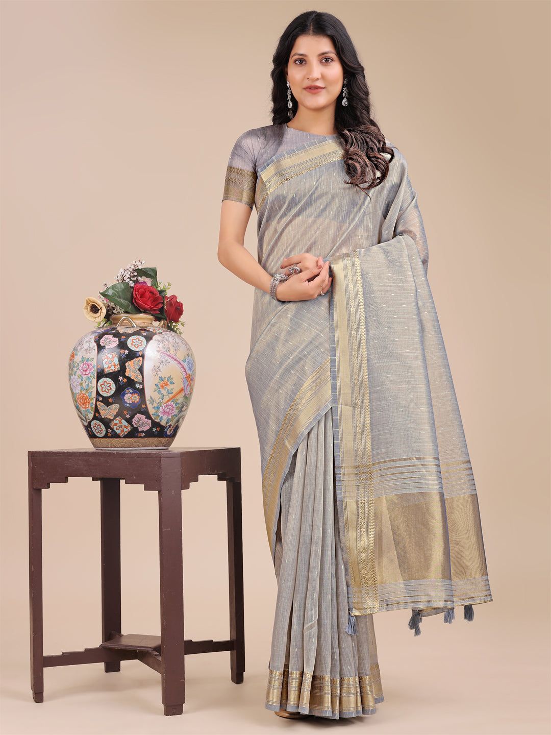 Astita Grey Organza Woven Zari Work Traditional Tassel Saree - Distacart