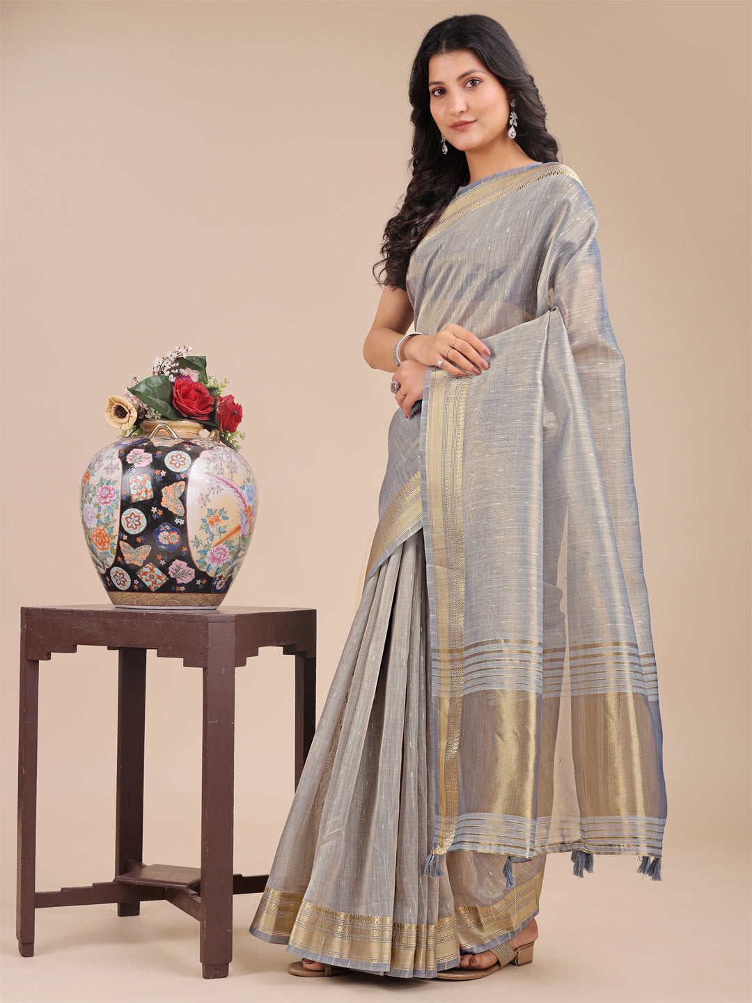 Astita Grey Organza Woven Zari Work Traditional Tassel Saree - Distacart