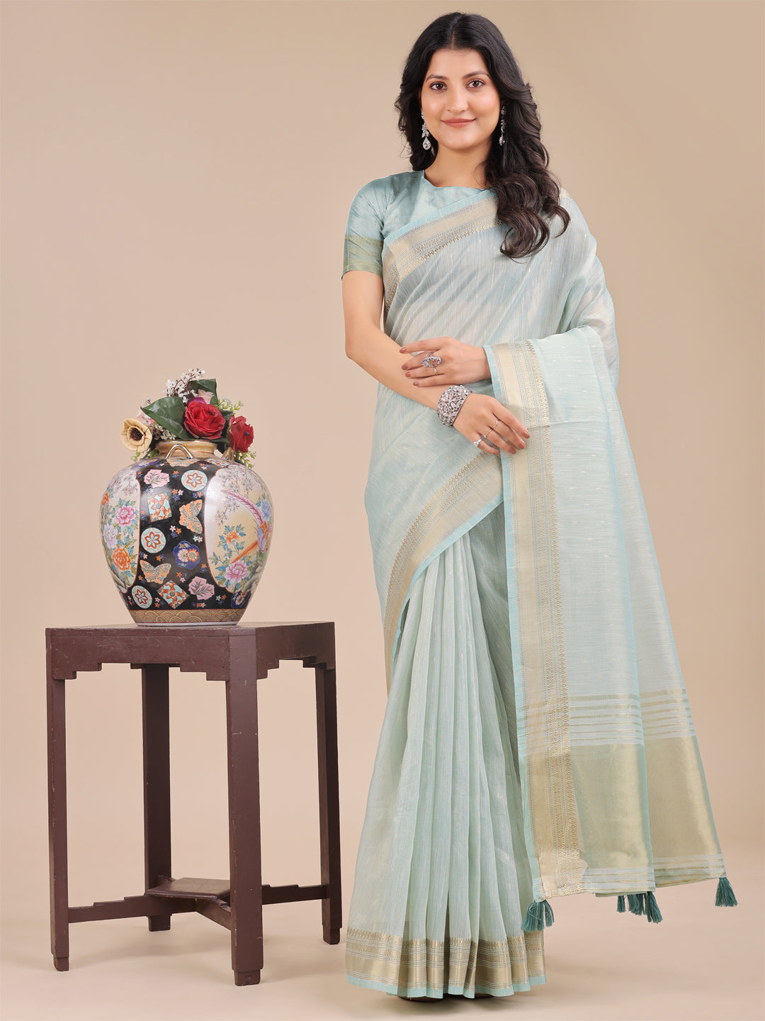 Astita Sea Green Organza Woven Zari Work Traditional Tassel Saree - Distacart