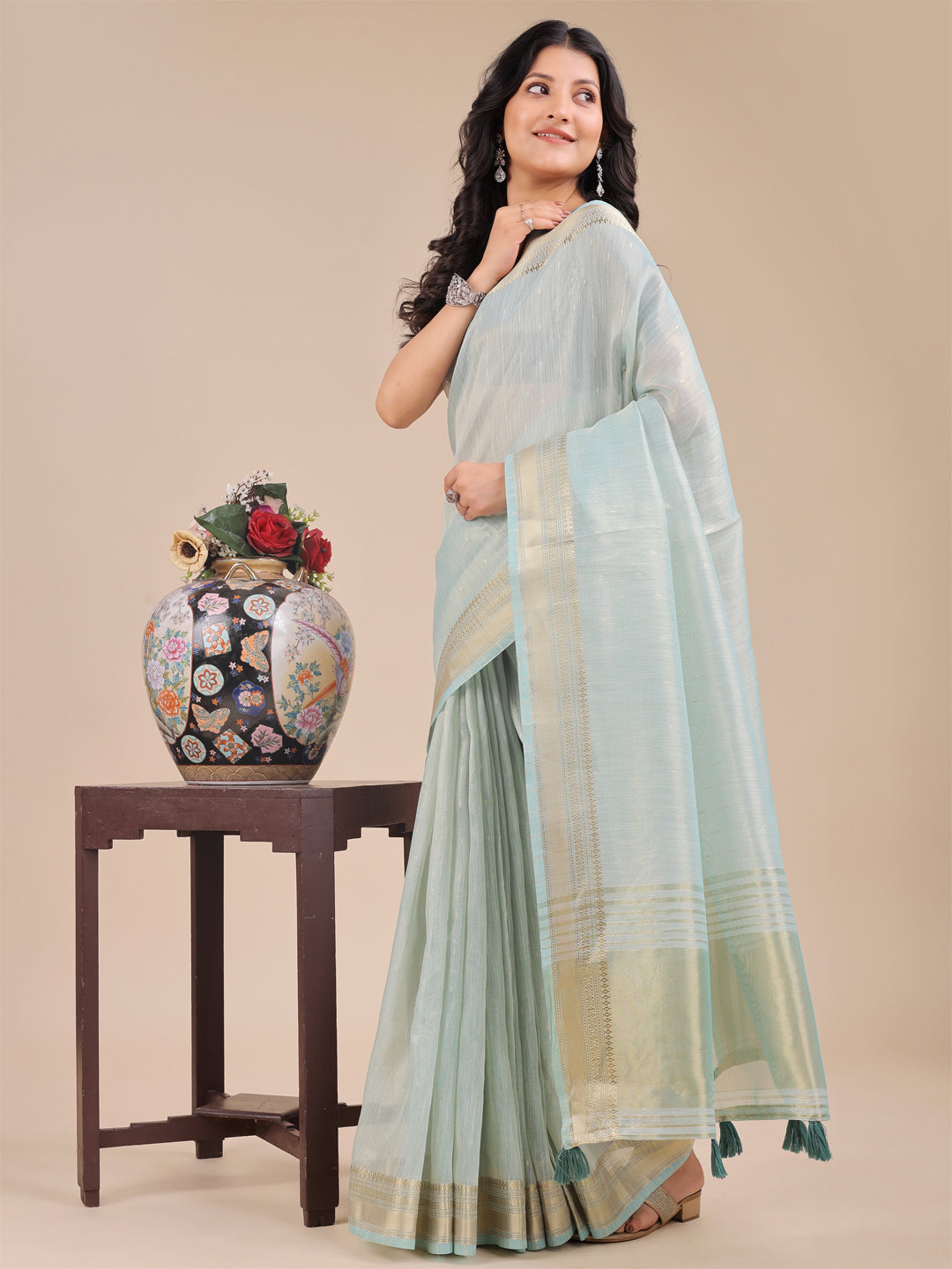 Astita Sea Green Organza Woven Zari Work Traditional Tassel Saree - Distacart