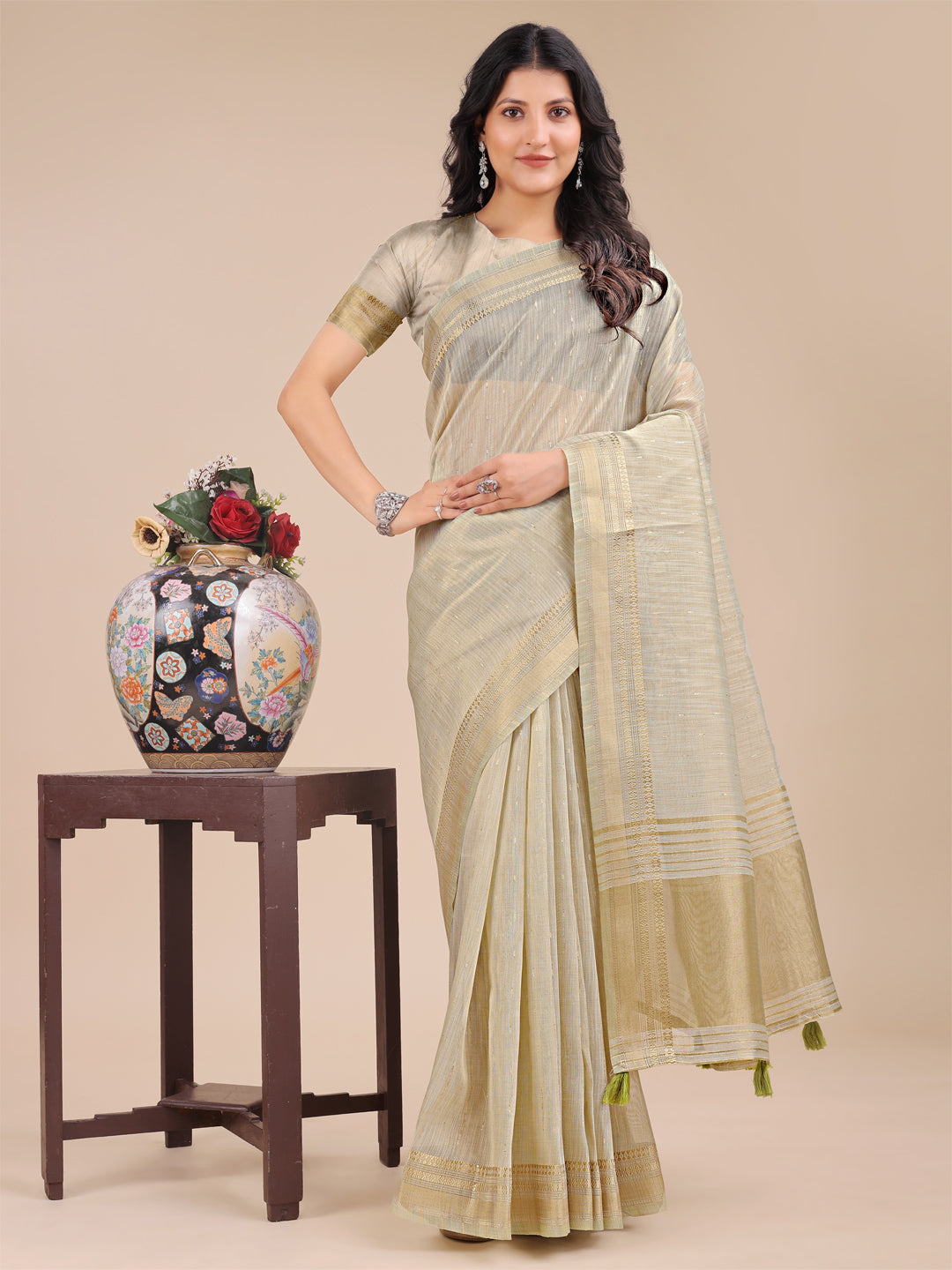 Astita Cream Organza Woven Zari Work Traditional Tassel Saree - Distacart