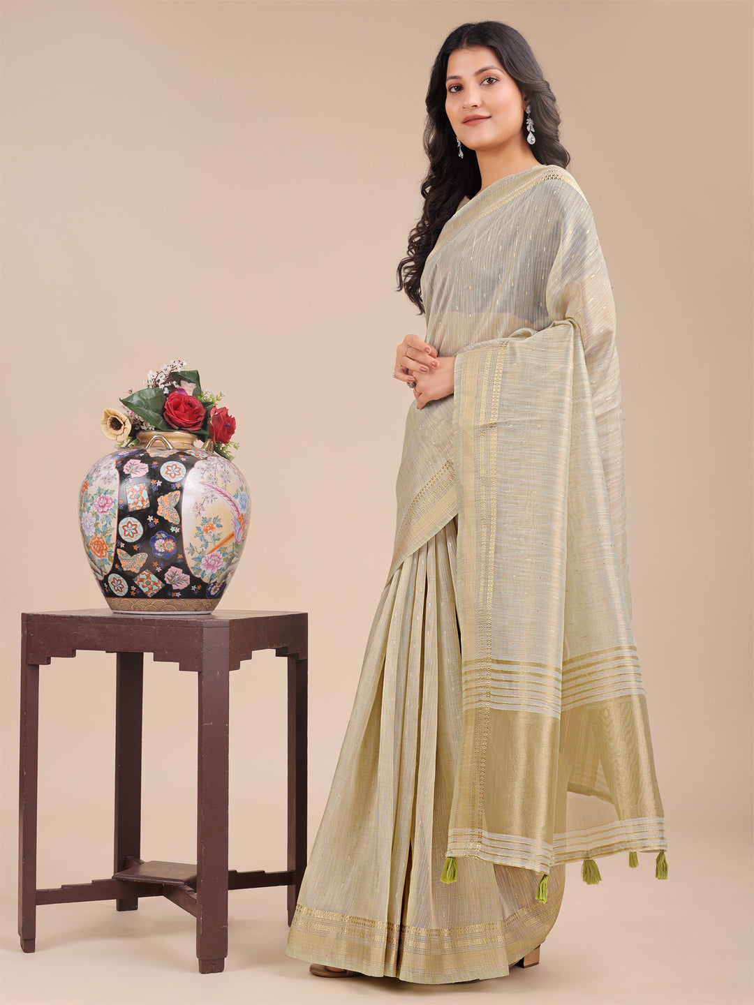 Astita Cream Organza Woven Zari Work Traditional Tassel Saree - Distacart
