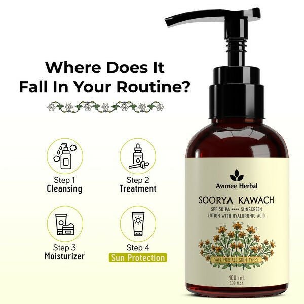 Avimee Herbal Soorya Kawach SPF 50 PA++++ Hyaluronic Acid Sunscreen Lotion - Distacart