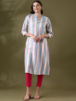 Thumbnail for Anouk White Striped Mandarin Collar Pure Cotton Straight Kurta