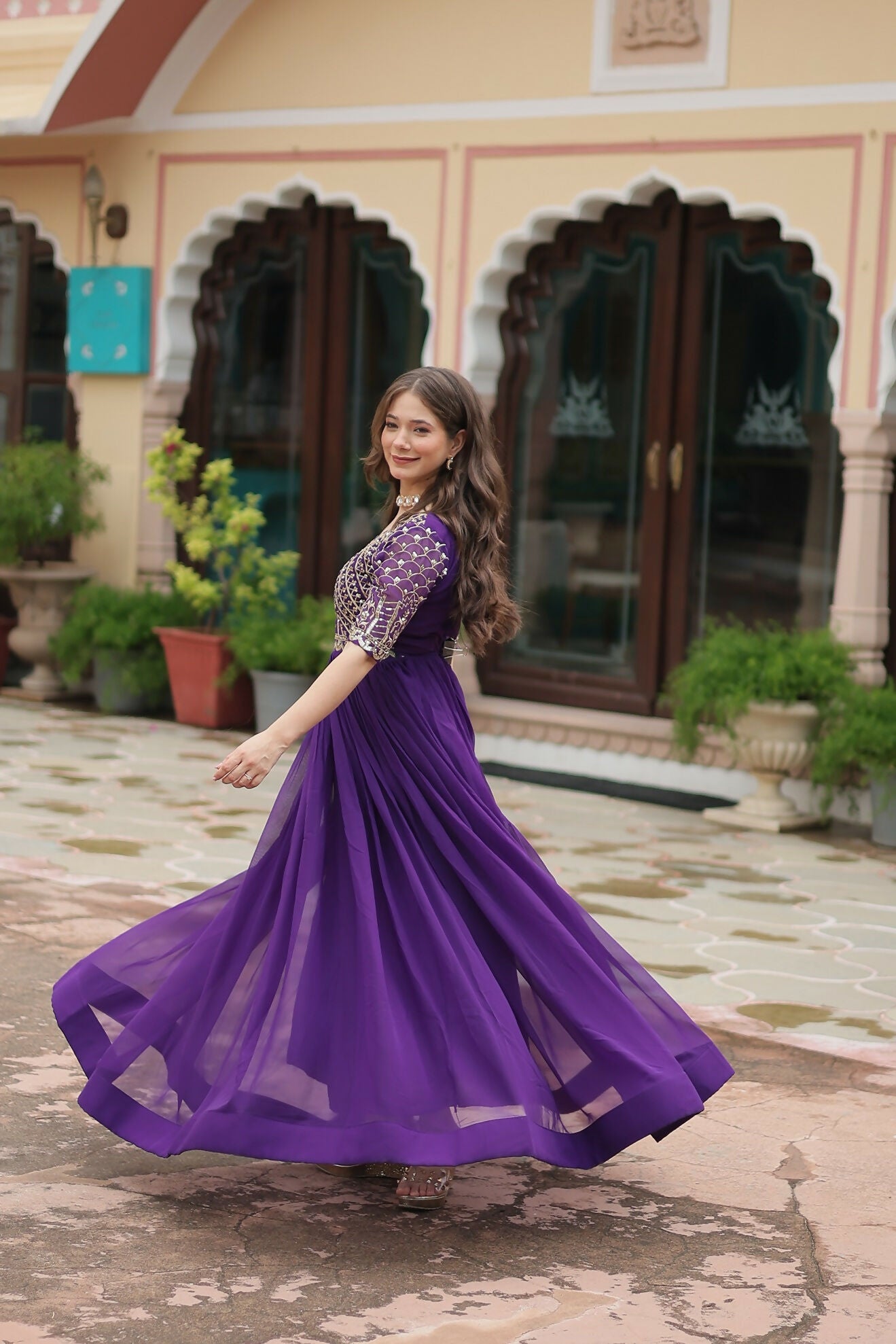 Joban Fashion Purple Georgette Sequence Embroidery Work Gown