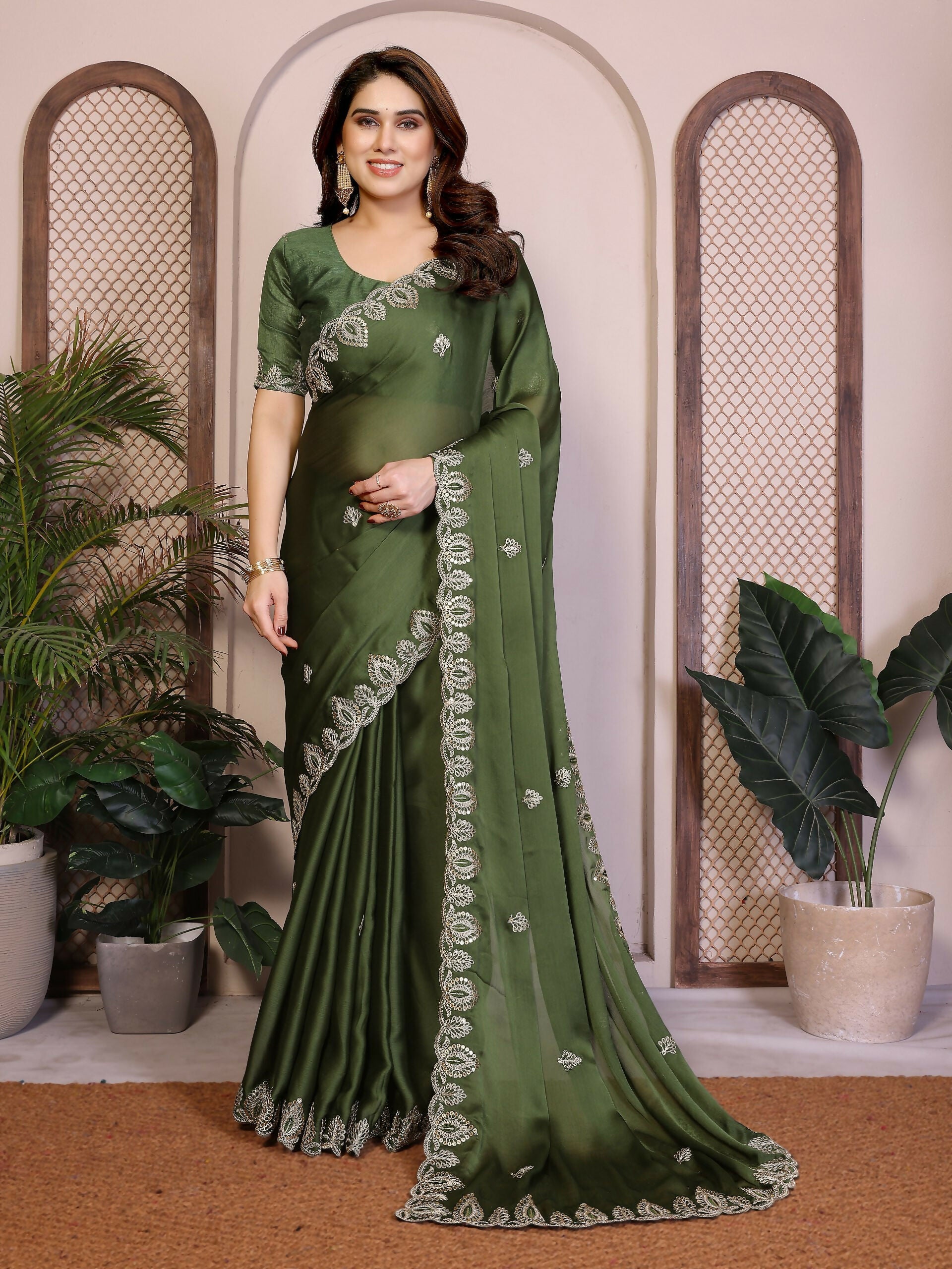 Teeya Creation New Trendy Party Wear Soft Satin Chiffon Saree-Green - Dista