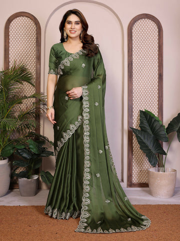 Teeya Creation New Trendy Party Wear Soft Satin Chiffon Saree-Green - Dista