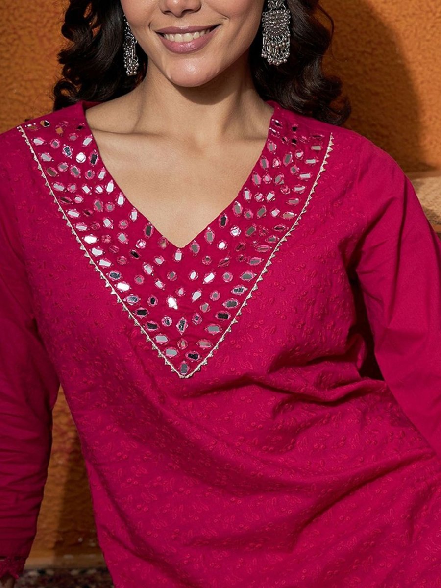 Anouk Pink Floral Embroidered V-Neck Mirror Work Pure Cotton Straight Kurta & Dhoti Pant - Distacart