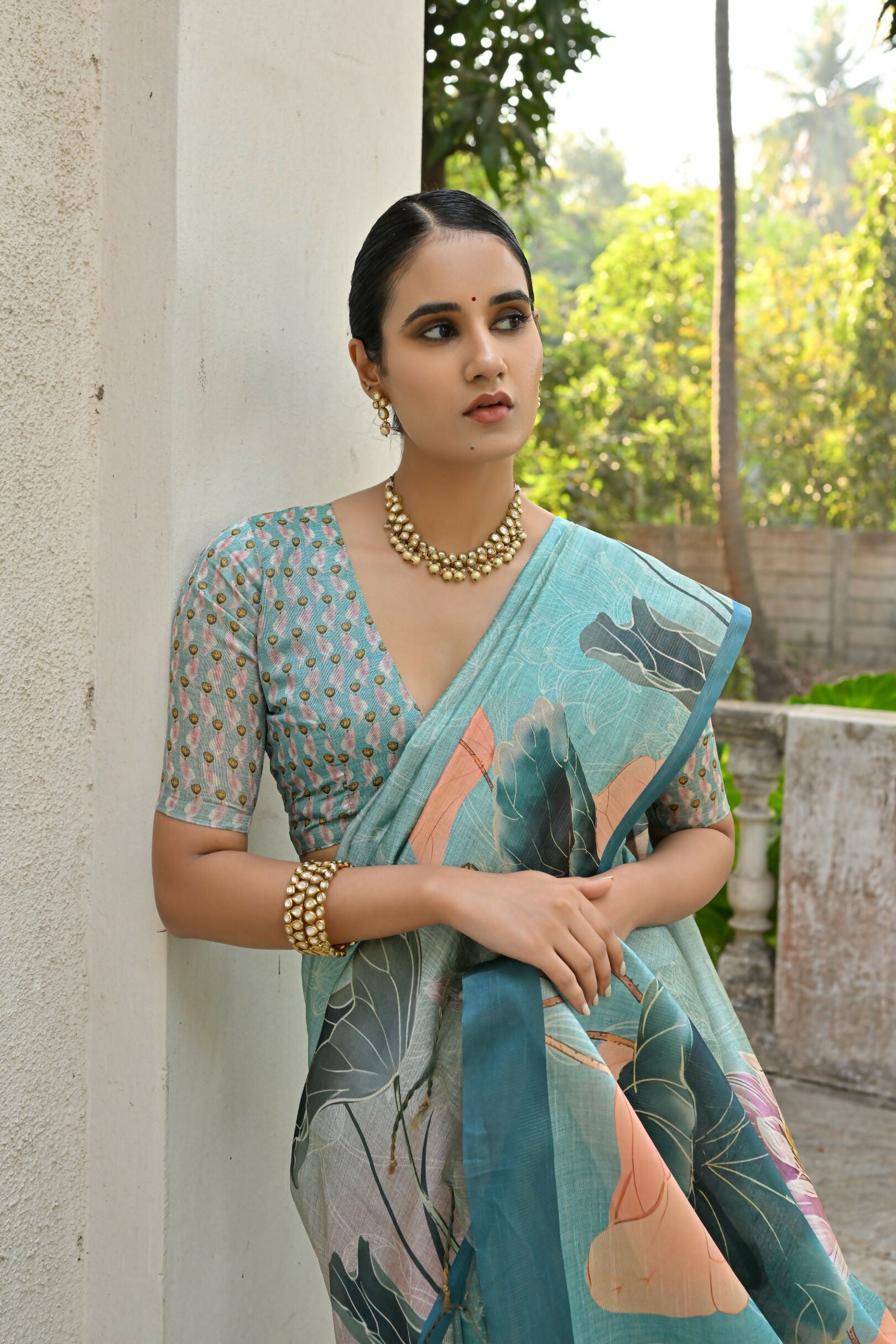 Vishnu Weaves Women's Firozi Cotton Silk Saree with Blouse - Distacart