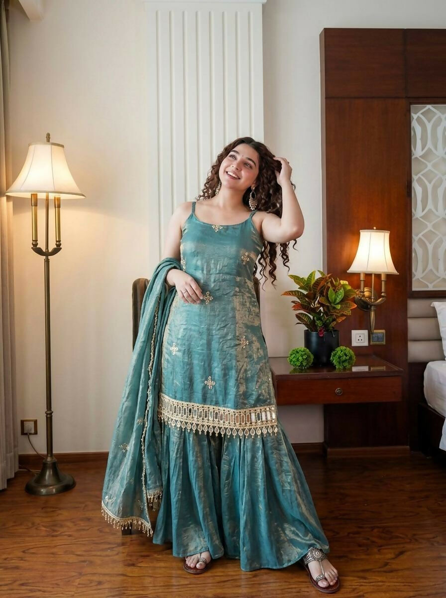 Teeya Creation Womens Trending Heavy Embroidery Sequence Work Kurta Sharara Set - Teal - Dista
