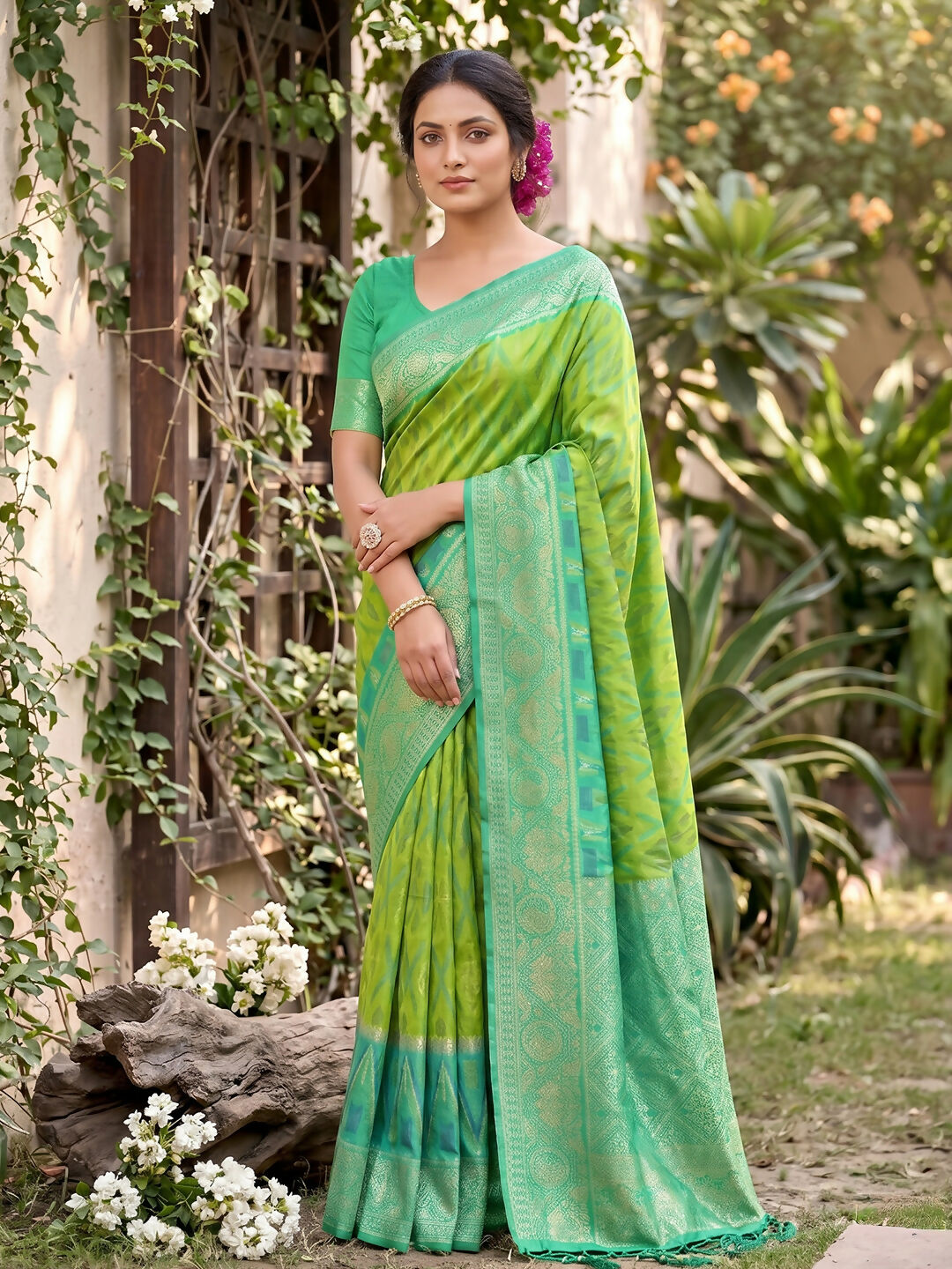 Shree Shyam Fashion Rama Green Soft Silk Saree - Dista