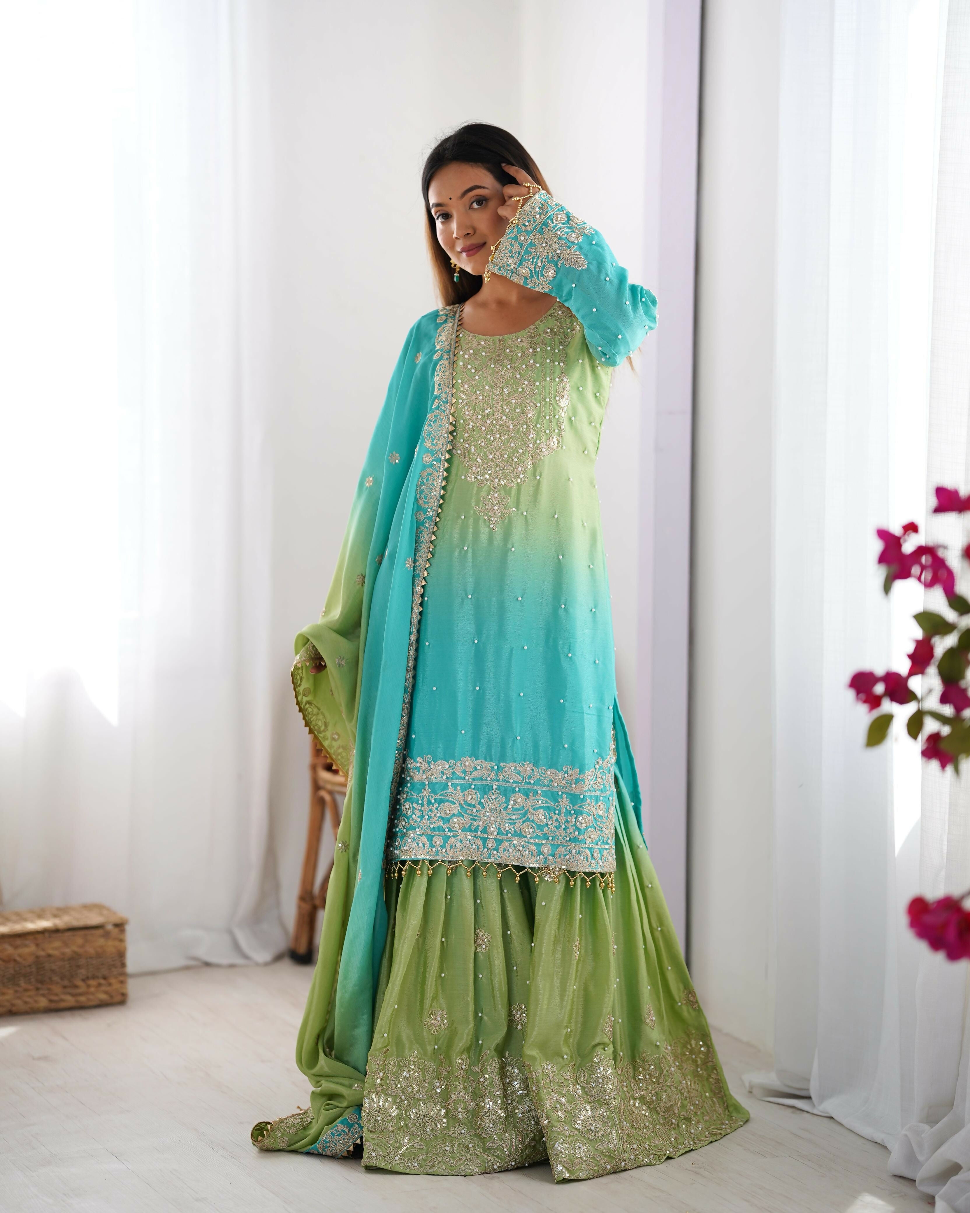 Joban Fashion Light green & Blue Palazzo Chinon silk Coding Dori with Sequence with Rivet Moti