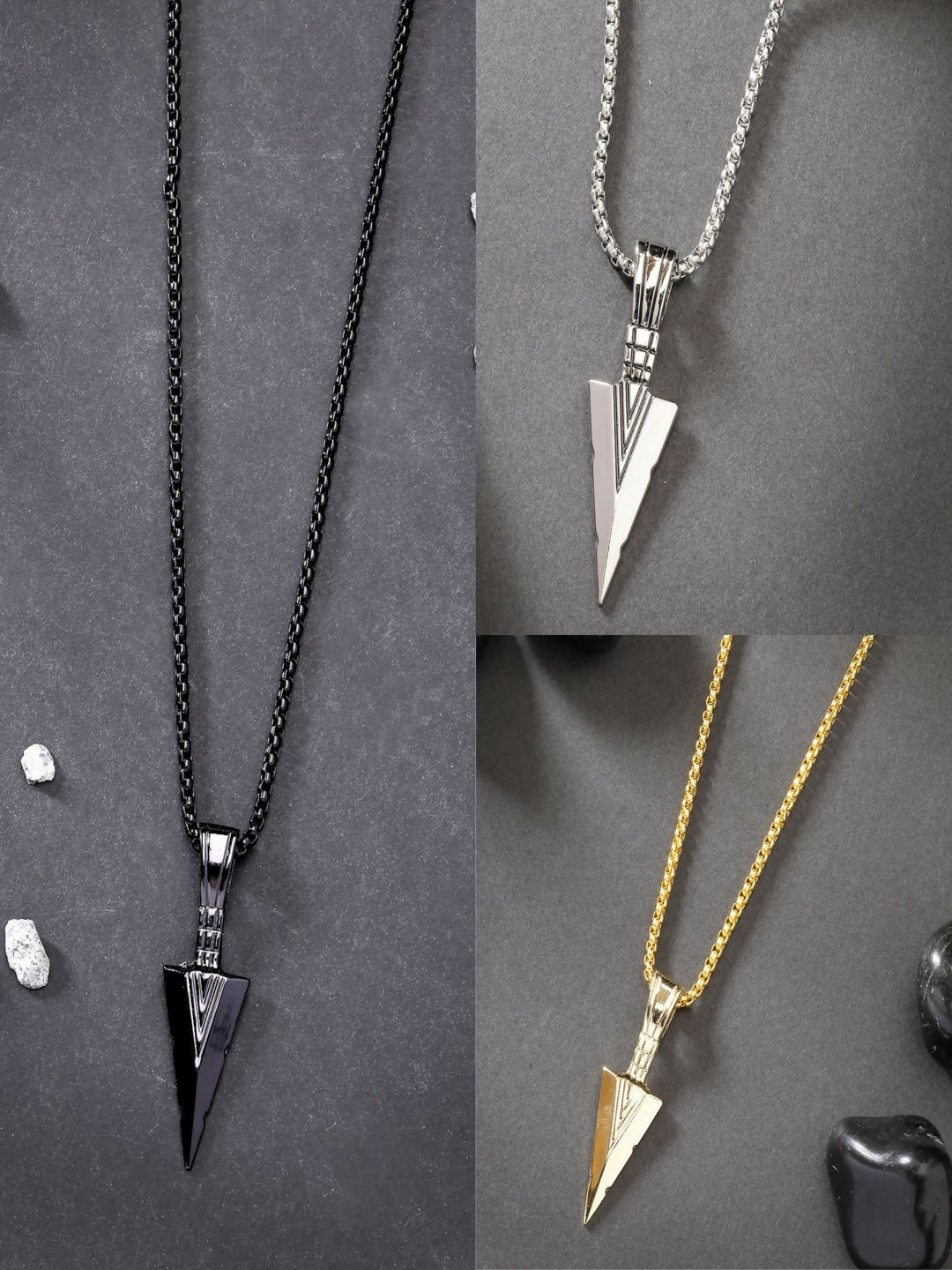 NVR Men's Set of 3 Multicolor Rhodium-Plated Arrow-Shaped Pendant With Chain - Distacart