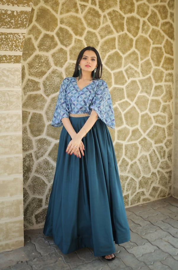 Jyoti Fashion Women's Teal Printed with Sequins Chinon Anarkali Dress - Distacart