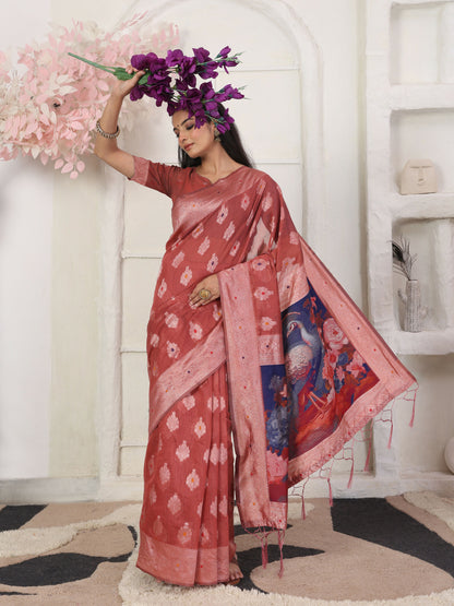 Shree Shyam Fashion Linen Cotton Rust Saree - Distacart